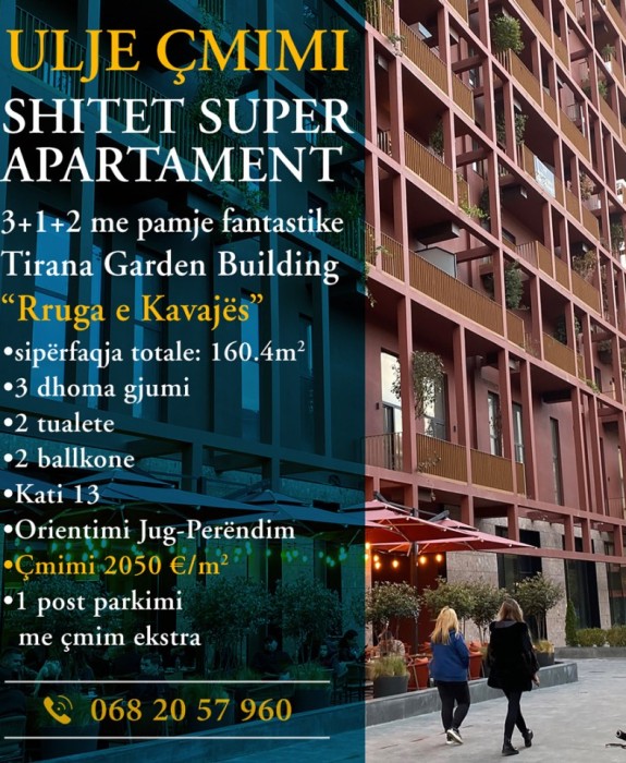 Super apartment 3+1 for sale, "Tirana Garden Building", Rruga e Kavajes